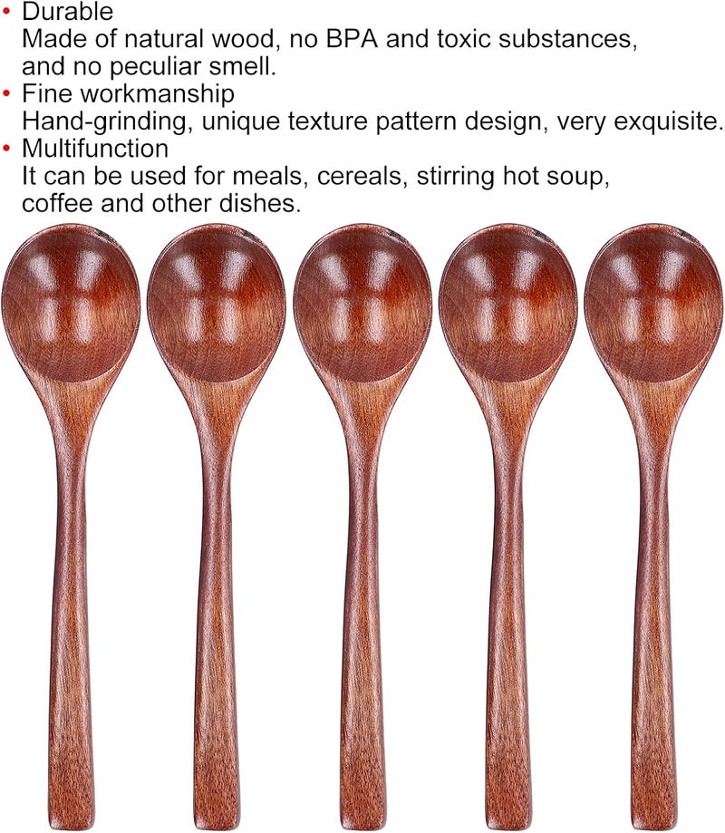 5PCS Wooden Spoons for Eating, Wooden Soup Spoons Long Handle Wood Utensil for Eating Wood Ladles Fit Cooking Mixing Stirring - Image 2