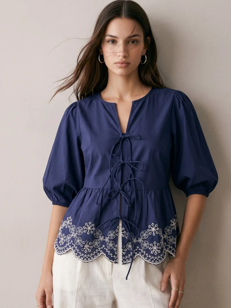 Blue Scallop Embroidered Blouse