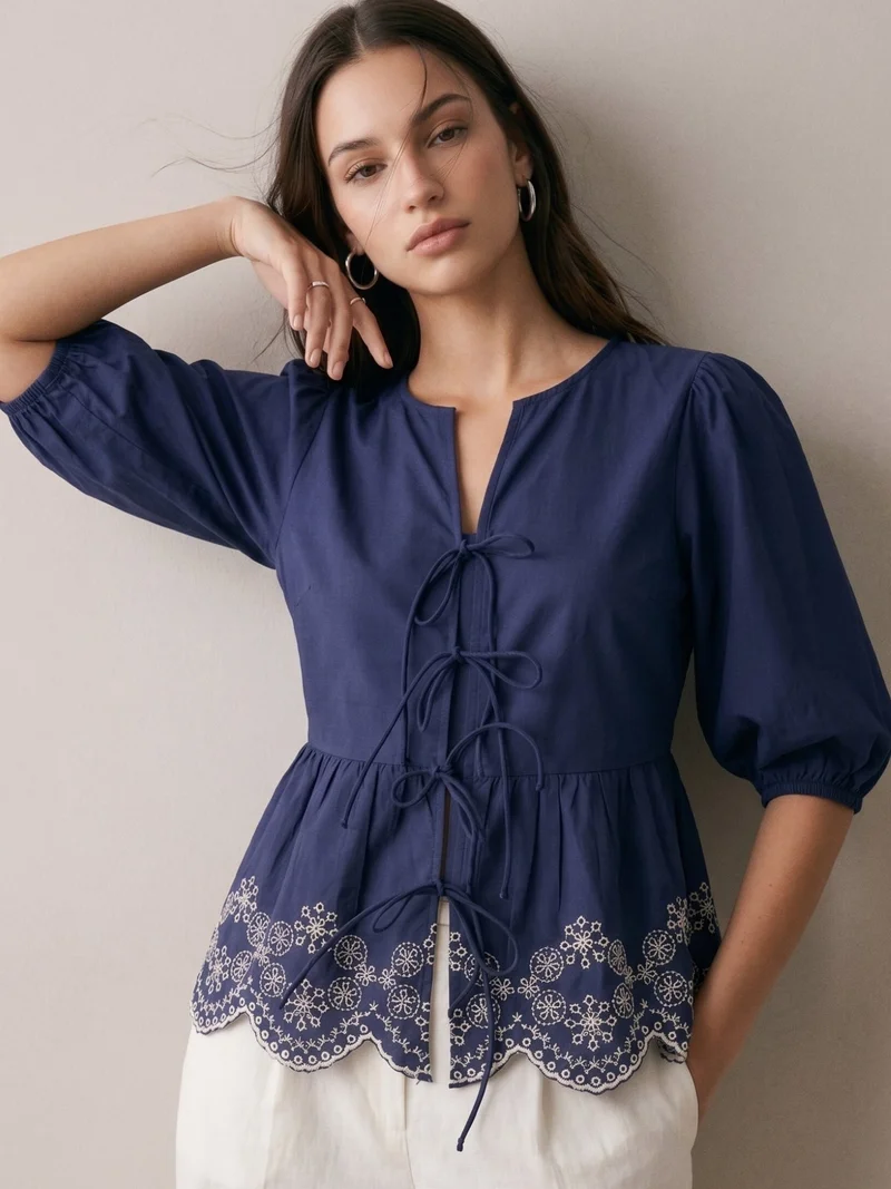 Outzidr  Blue Scallop Embroidered Blouse for Women | Best Price UAE