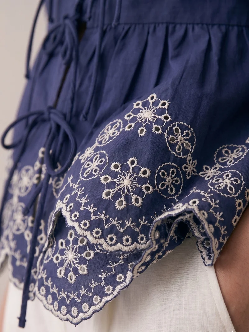 Outzidr  Blue Scallop Embroidered Blouse for Women | Best Price UAE