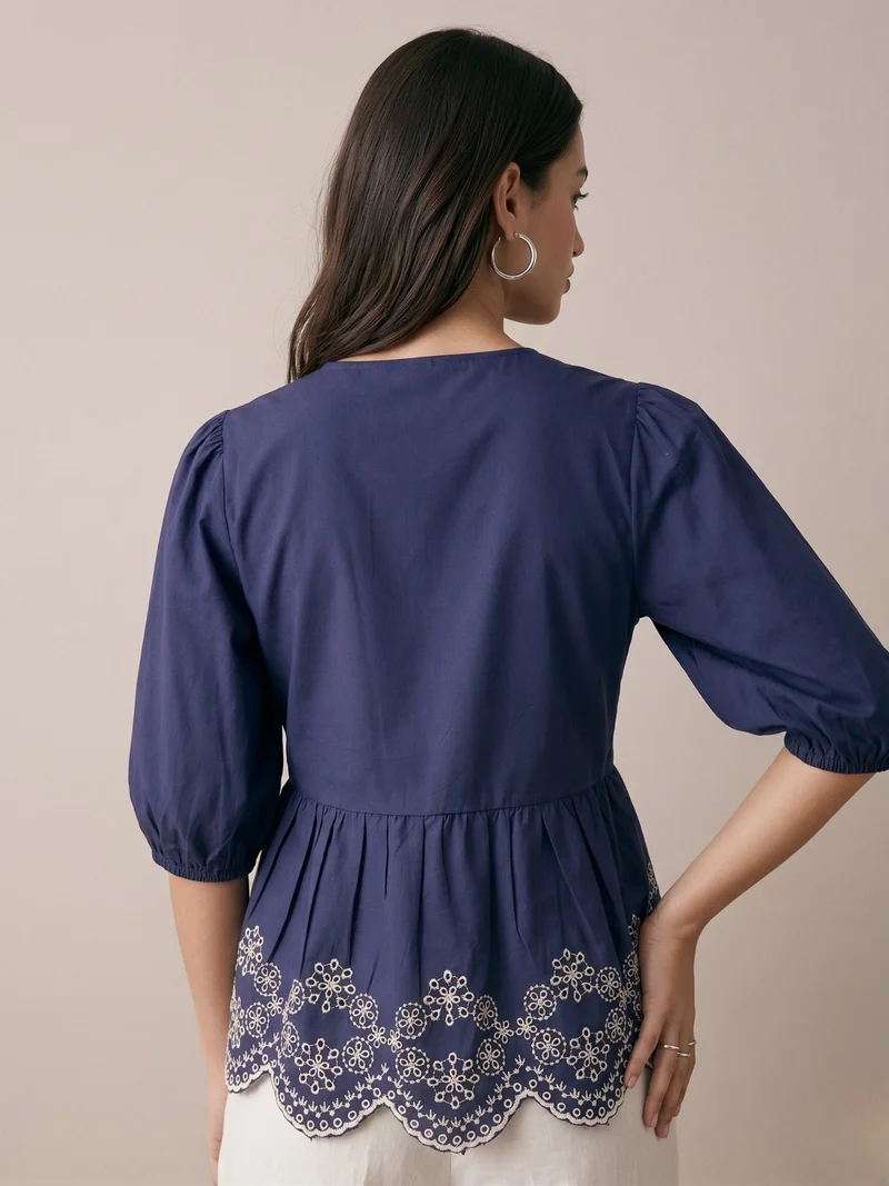 Outzidr  Blue Scallop Embroidered Blouse for Women | Best Price UAE