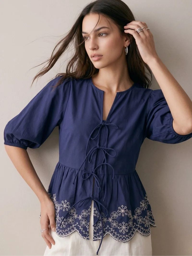 Outzidr  Blue Scallop Embroidered Blouse for Women | Best Price UAE