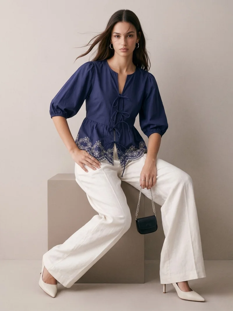 Outzidr  Blue Scallop Embroidered Blouse for Women | Best Price UAE