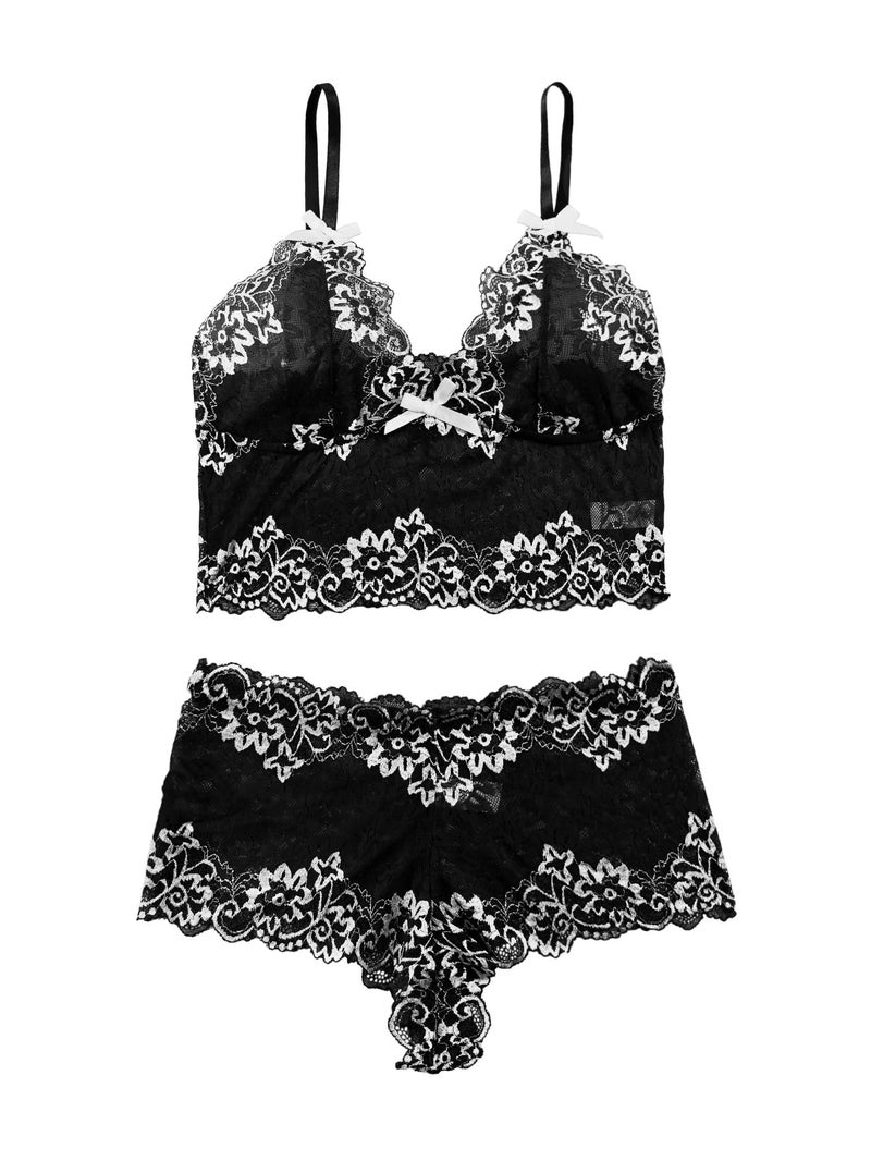 Lilosy Sexy Lace Pajamas Lingerie Set High Waist Sheer Sleepwear Bow Ties Cami Shorts Bra and Panty Women 2 Piece See Through Nightwear Floral Black 3# Medium - Image 4