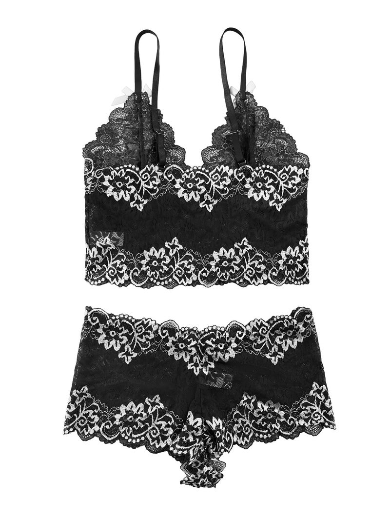 Lilosy Sexy Lace Pajamas Lingerie Set High Waist Sheer Sleepwear Bow Ties Cami Shorts Bra and Panty Women 2 Piece See Through Nightwear Floral Black 3# Medium - Image 5