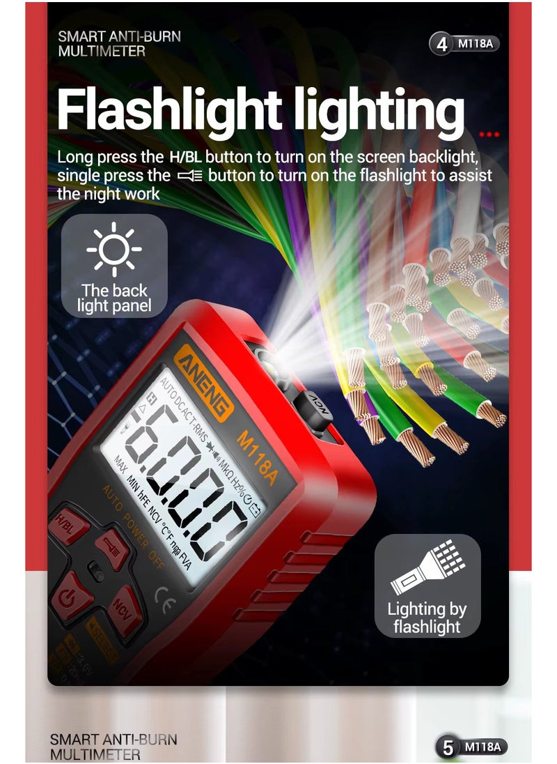 أنينج - ⭐ ANENG M118A Auto Ranging Digital Multimeter High-Accuracy TRMS 6000 Counts Voltage Current Ohm افوميتر ديجيتال عالي الجودة قياس الفولت والتيار والمكثفات والمقاومات وغيرها من المكونات الالكترونية مع كشاف اضاءة - Image 1