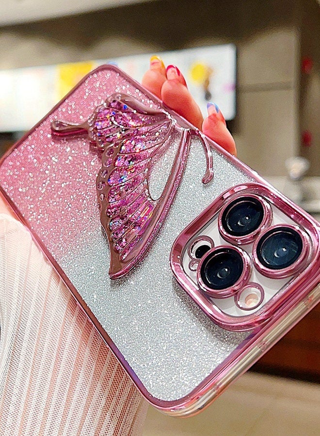Glitter Case for iPhone 16 Pro Max，Sparkly Elegant Butterfly，Camera Lens Protector， Premium Fashion Luxury Gradient Shockproof iPhone 16 Pro Max Cover﻿ for Women Girls Gift，Pink - Image 2