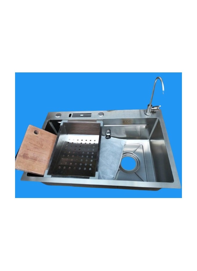 Shams Handmade kitchen sink, 80 cm x 47 cm, including knife, sieve, mesh, faucet, filter, wood, and dishes  - Image 1