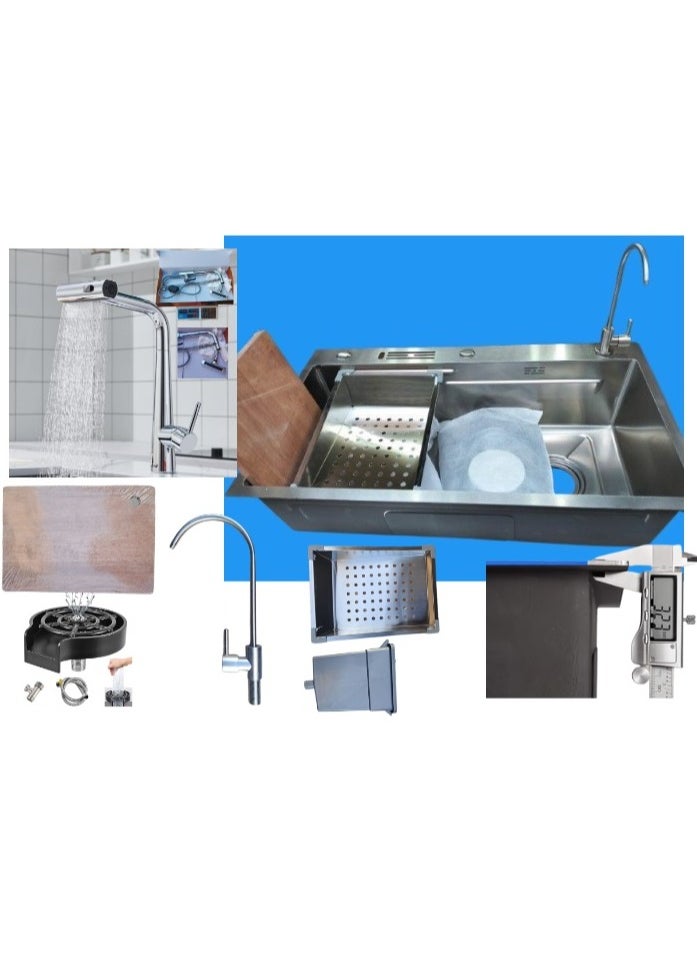 Shams Handmade kitchen sink, 80 cm x 47 cm, including knife, sieve, mesh, faucet, filter, wood, and dishes  - Image 2