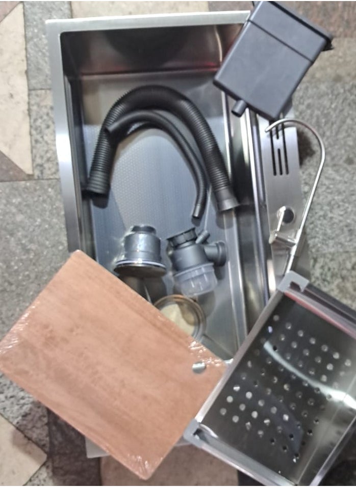 Shams Handmade kitchen sink, 80 cm x 47 cm, including knife, sieve, mesh, faucet, filter, wood, and dishes  - Image 5