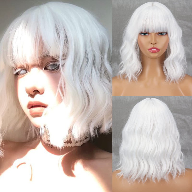 MISSQUEEN Short White Wig with BangsWavy White Bob Wigs for Women Synthetic Wavy Bob Shoulder Length Wigs Natural Looking Heat Resistant Fiber hair Wig for Daily Party Cosplay Use