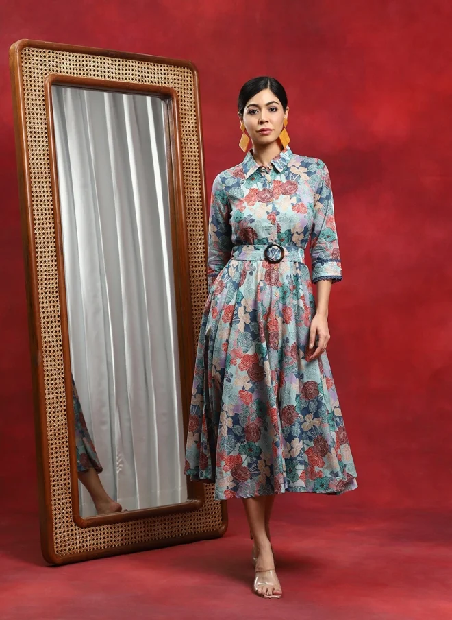 أيه كيه إس Floral Printed Belted Cotton Midi Dress for Women