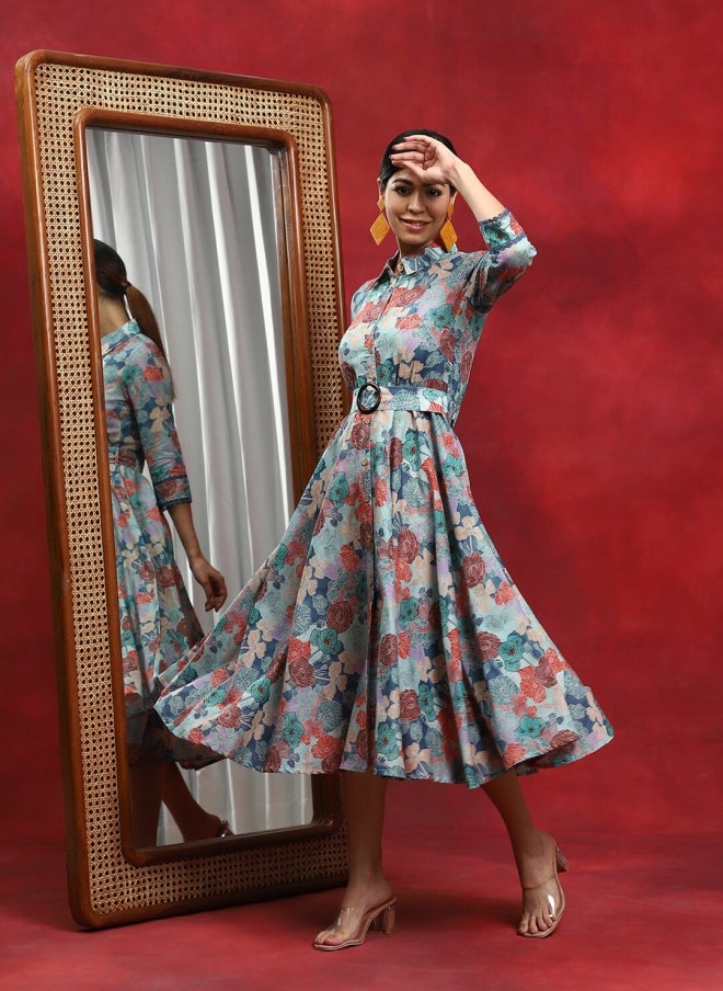 أيه كيه إس فستان ميدي قطني بحزام وطبعة زهور للنساء - Image 4