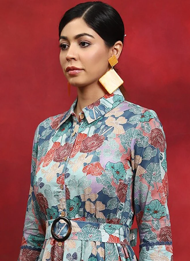 أيه كيه إس Floral Printed Belted Cotton Midi Dress for Women