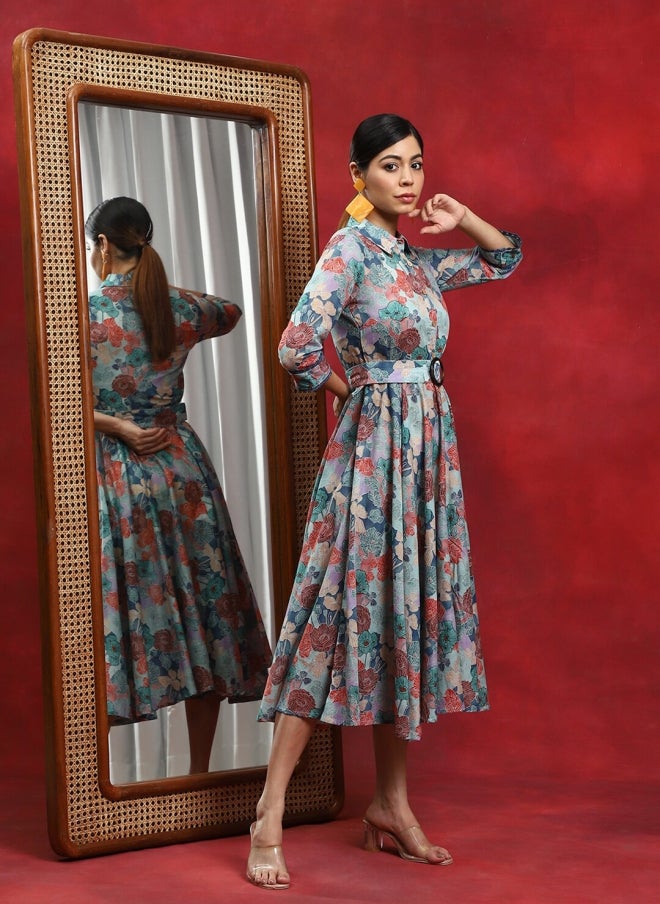 أيه كيه إس فستان ميدي قطني بحزام وطبعة زهور للنساء - Image 3