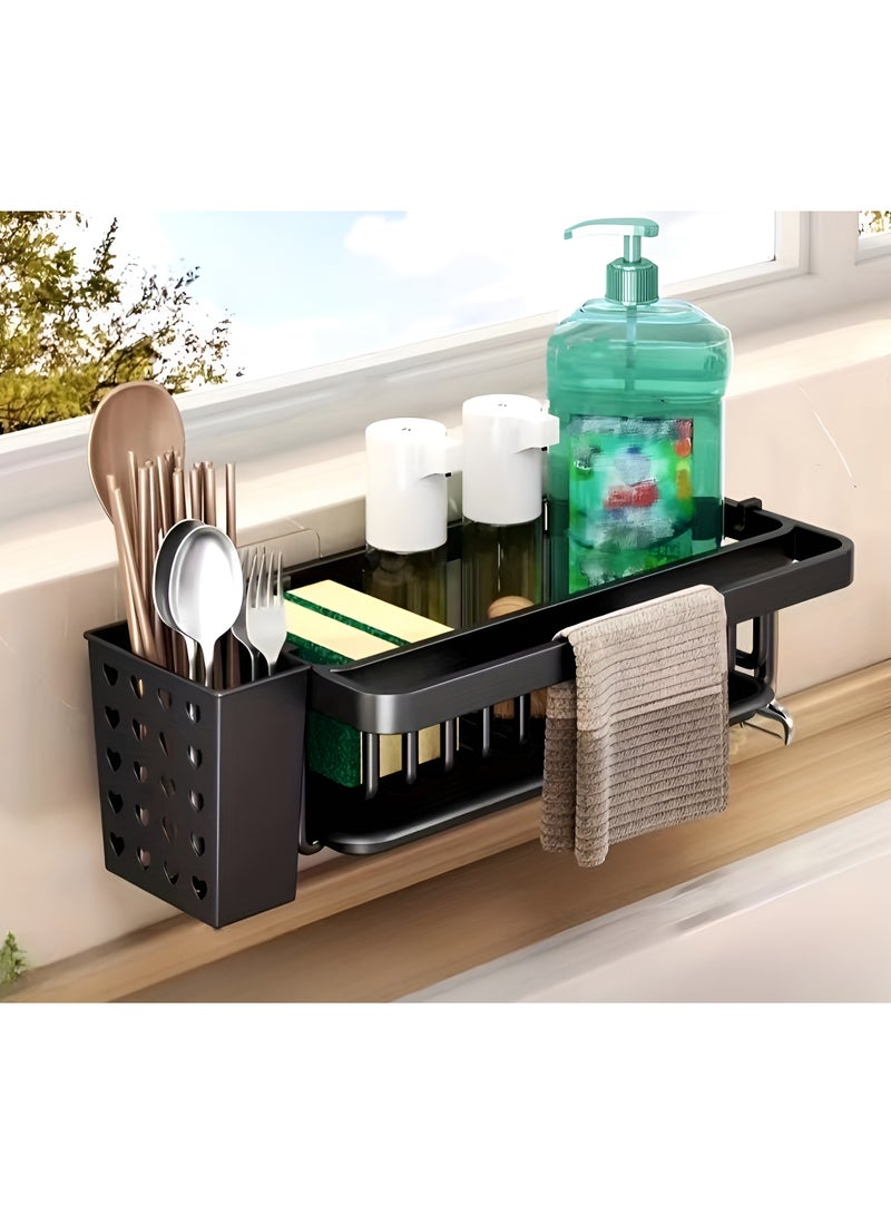 Cozy Nest Wall-Mounted Metal Shower and Sink Caddy with Removable Utensil Holder, Drain Tray, Towel Rack, and Hooks, Space-Saving Organizer for Dish Soap, Sponges, Brushes, Toiletries, and Towels - Image 2
