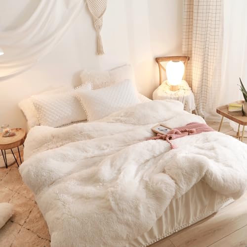 HAIHUA Beige Fluffy Comforter Cover Set, Faux Fur Comforter Set (1 Plush Duvet Cover) Luxury Shaggy Bedding 1 Pieces,Zipper Closure (Beige, Queen) - Image 2