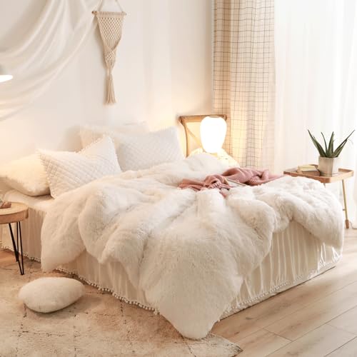 HAIHUA Beige Fluffy Comforter Cover Set, Faux Fur Comforter Set (1 Plush Duvet Cover) Luxury Shaggy Bedding 1 Pieces,Zipper Closure (Beige, Queen) - Image 1