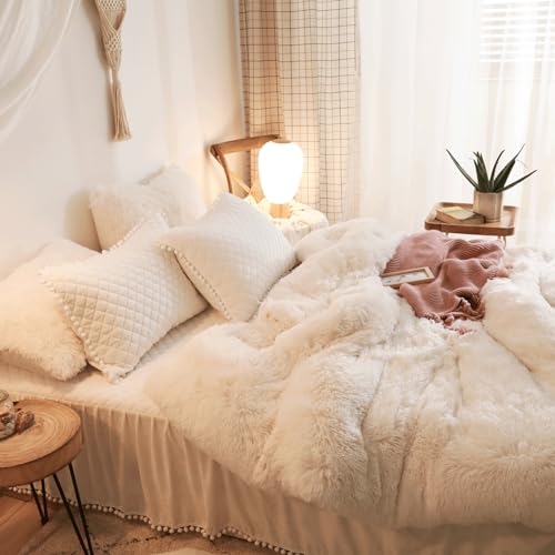 HAIHUA Beige Fluffy Comforter Cover Set, Faux Fur Comforter Set (1 Plush Duvet Cover) Luxury Shaggy Bedding 1 Pieces,Zipper Closure (Beige, Queen) - Image 4