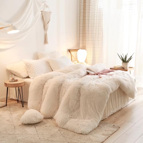 HAIHUA Beige Fluffy Comforter Cover Set, Faux Fur Comforter Set (1 Plush Duvet Cover) Luxury Shaggy Bedding 1 Pieces,Zipper Closure (Beige, Queen) - Image 3
