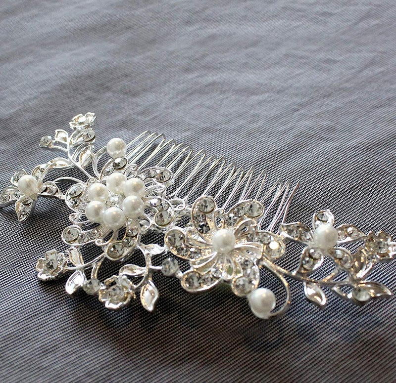 TOULON Wedding Hair Comb for Bride  Maid of Honor Gift Bridal Silver Rhinestone  Pearl Hair Accessories for Women  Decorative Formal Clip for Bun or Updo
