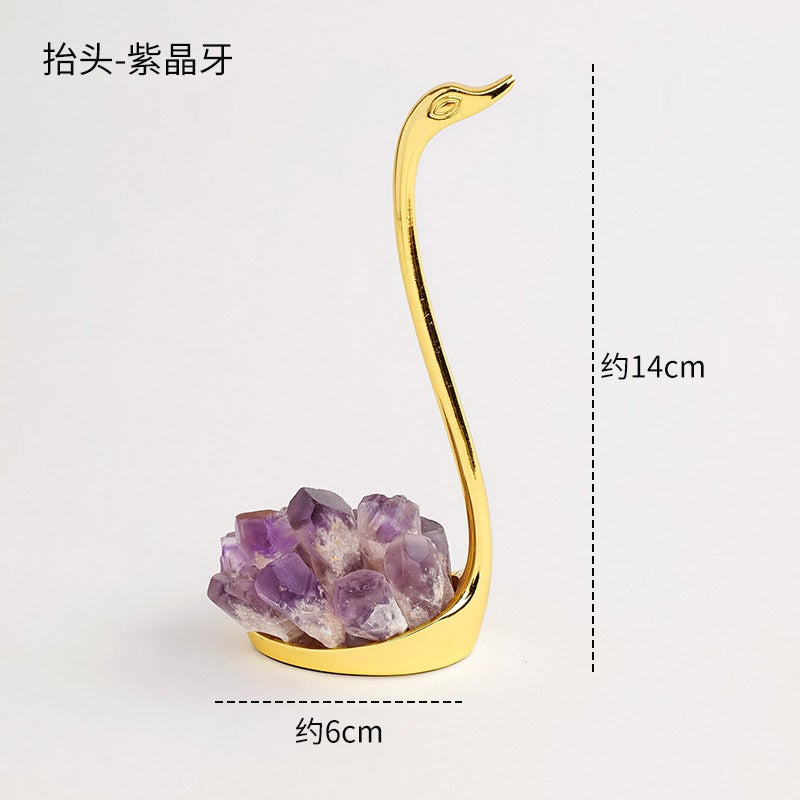 Runyangshi Natural Crystal Swan Ornament with Electroplated Black Tourmaline, Blue Feathers, and Purple-Yellow Quartz - Perfect Wedding Gift - Image 1