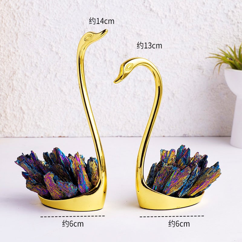 Runyangshi Natural Crystal Swan Ornament with Electroplated Black Tourmaline, Blue Feathers, and Purple-Yellow Quartz - Perfect Wedding Gift - Image 2