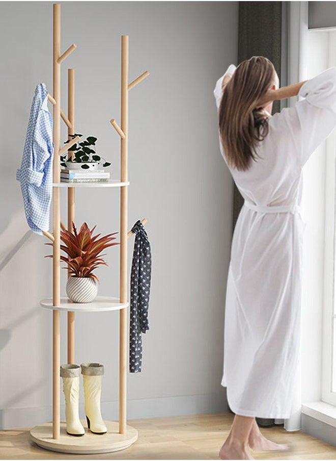 Occuwzz - Coat Rack Rotary Coat Rack Freestanding FAS Grade Rubber Wood Coat Rack Stand with 3 Shelves and 9 Hooks Sturdy and Easy Assembly Wooden Coat Tree - Image 1
