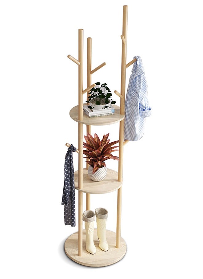 Occuwzz - Coat Rack Rotary Coat Rack Freestanding FAS Grade Rubber Wood Coat Rack Stand with 3 Shelves and 9 Hooks Sturdy and Easy Assembly Wooden Coat Tree - Image 1