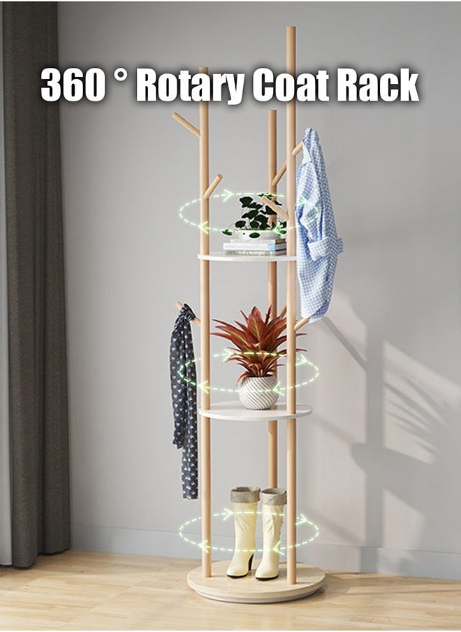 Occuwzz - Coat Rack Rotary Coat Rack Freestanding FAS Grade Rubber Wood Coat Rack Stand with 3 Shelves and 9 Hooks Sturdy and Easy Assembly Wooden Coat Tree - Image 1