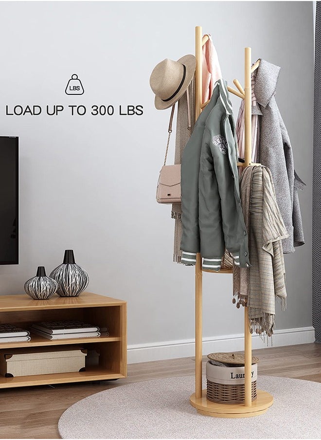 Occuwzz - Coat Rack Rotary Coat Rack Freestanding FAS Grade Rubber Wood Coat Rack Stand with 3 Shelves and 9 Hooks Sturdy and Easy Assembly Wooden Coat Tree - Image 1