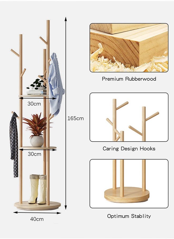 Occuwzz - Coat Rack Rotary Coat Rack Freestanding FAS Grade Rubber Wood Coat Rack Stand with 3 Shelves and 9 Hooks Sturdy and Easy Assembly Wooden Coat Tree - Image 1