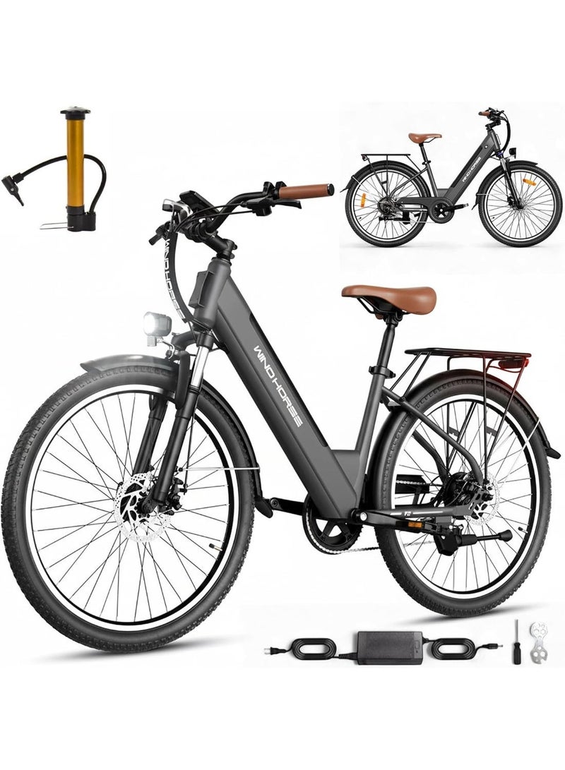 Wind Horse WINDHORSE F2 Electric Bike 350W Motor, 36V 13Ah Removable Battery, 32KM/H Max Speed, 40–80KM Range, 26 Inches Tires, Shimano 7-Speed, Dual Disc Brakes, Urban Commuter E-Bike for Adults - Grey - Image 1