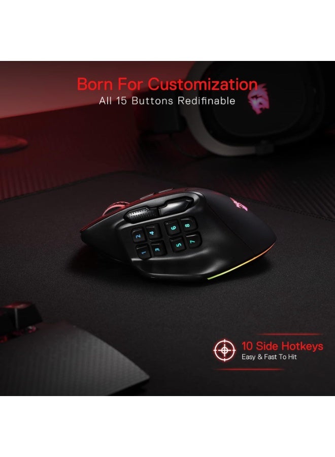 ريدراجون ماوس الألعاب اللاسلكي Redragon M811 PRO MMO، 15 زر قابل للبرمجة، ماوس ألعاب RGB مع تصميم مريح، 10 مفاتيح ماكرو جانبية، برنامج يدعم تخصيص المفاتيح والإضاءة الخلفية - أسود - Image 4
