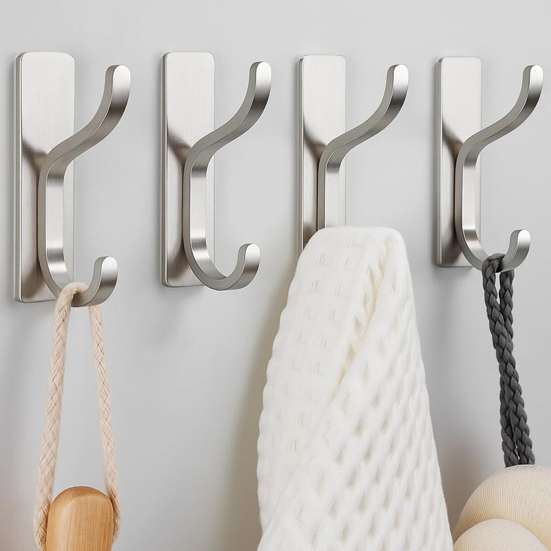 pickpiff Adhesive Wall Hooks for Hanging Towels - Heavy Duty Stick On Hooks, Strong Hold up to 13 lbs, Hangers for Coats, Bags, Purses, Ideal for Door, Closet, or Bathroom, Brushed Silver,4 Pack - Image 1