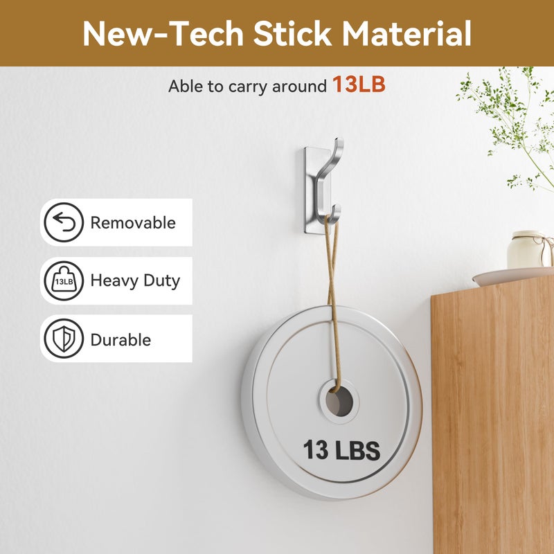 pickpiff Adhesive Wall Hooks for Hanging Towels - Heavy Duty Stick On Hooks, Strong Hold up to 13 lbs, Hangers for Coats, Bags, Purses, Ideal for Door, Closet, or Bathroom, Brushed Silver,4 Pack - Image 5