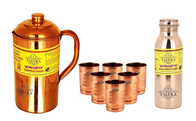 HANDMADE PLAIN COPPER JUG PITCHER 1500 ML WITH 6 COPPER GLASS CUP 1 LEAK PROOF JOINT FREE WATER BOTTLE STORAGE DRINKING HOME HOTEL RESTAURANT TABLEWARE