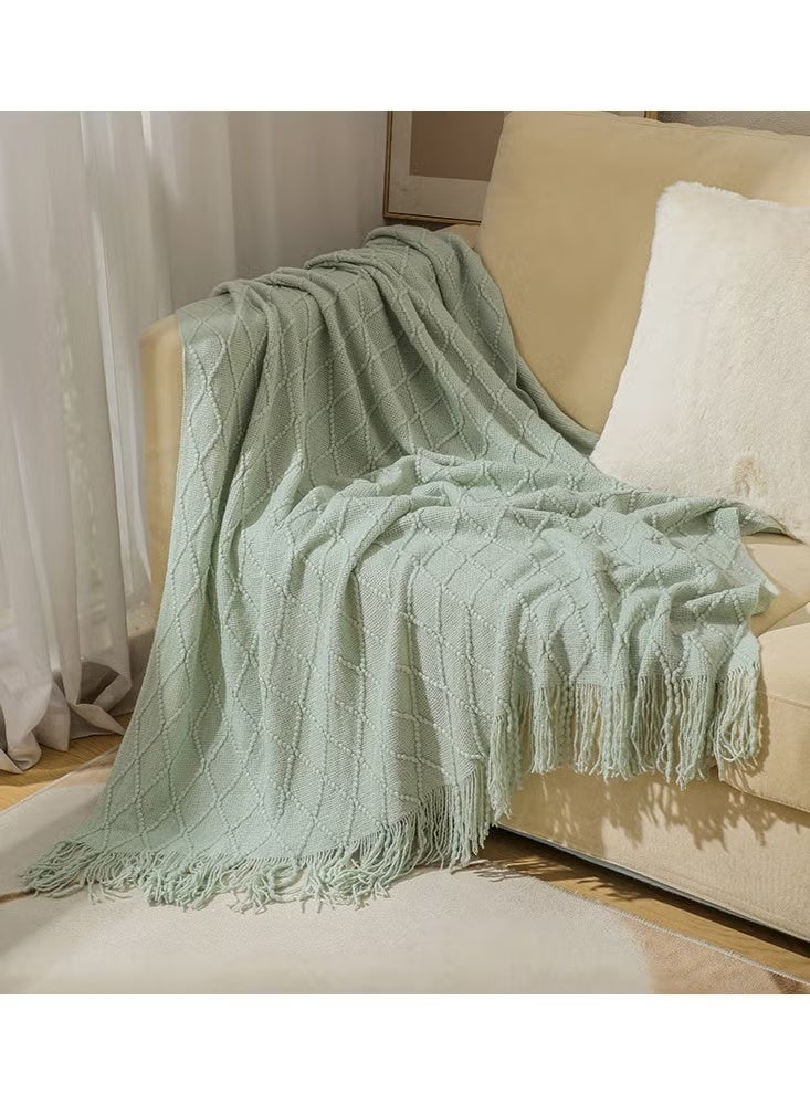 Knitted Tassel Throw Blanket 127x172cm Mint Green - Cozy Lightweight Decorative Woven Blanket, All Seasons for Couch Sofa Bed Living Room, Men Women Kids - Image 1