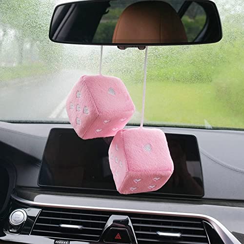 Lutoku Pair 3” Pink Fuzzy Plush Dice Heart Shape Decor for Car Rearview Mirror, Retro Square Decoration Dice for Car Hanging Accessories - Image 3