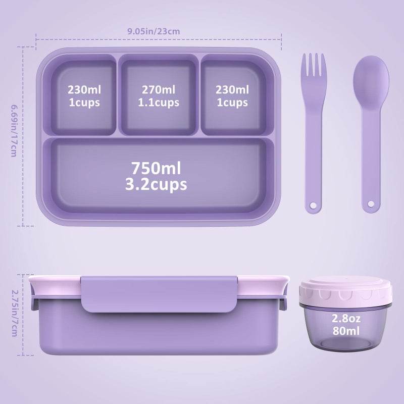 Caperci Bento Box Adult - 50 oz Large Lunch Containers for Adults and Teens, 4-Compartment Bento Lunch Box with Utensils & Leak Proof Sauce Cup, Dishwasher Safe, Durable, BPA-Free (Lavender) - Image 2