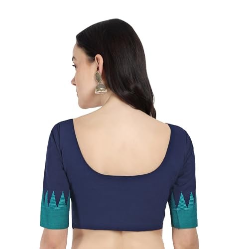JISB Women's Cotton Elbow Border Sleeve Saree Blouse (Navy, 36) - Image 3