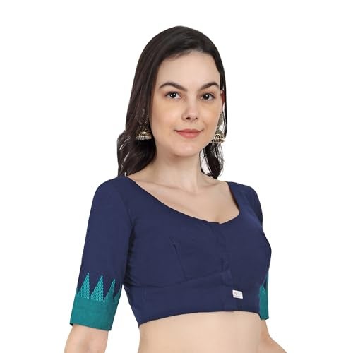 JISB Women's Cotton Elbow Border Sleeve Saree Blouse (Navy, 36) - Image 2