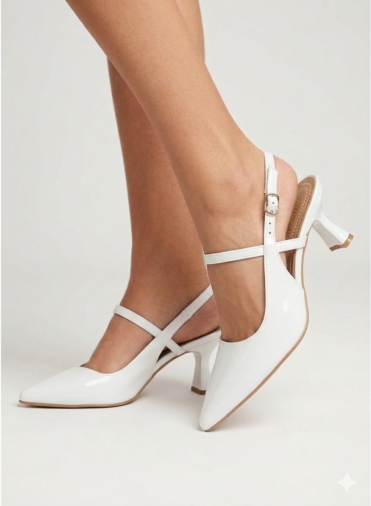 لايف ستيلاش  أحذية كعب جلدية لامعه بأبزيم F-614 - ابيض - Image 1