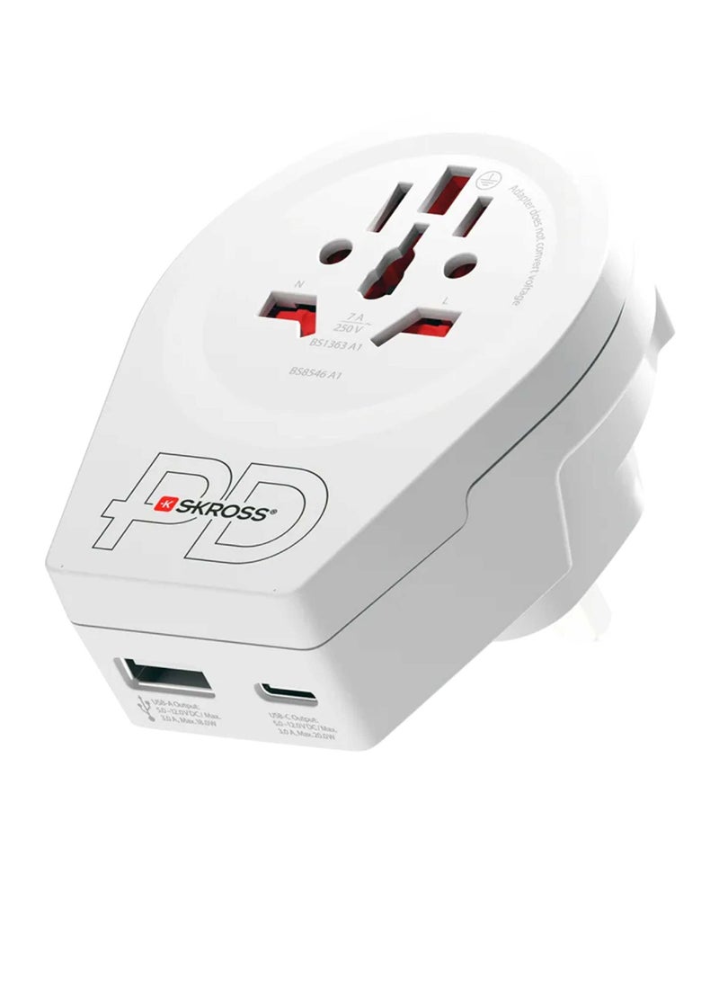 SKROSS Universal travel adapter with multiple input ports. Wourld plug adapter Converts to a 3-pin UK plug. Features two charging ports (Type c & USB). Type c charger supports (PD) & (QC) fast charging. Travel adapter has advanced protection against overvoltage and overheating. - Image 1
