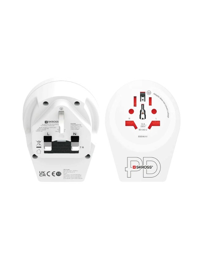 SKROSS Universal travel adapter with multiple input ports. Wourld plug adapter Converts to a 3-pin UK plug. Features two charging ports (Type c & USB). Type c charger supports (PD) & (QC) fast charging. Travel adapter has advanced protection against overvoltage and overheating. - Image 2