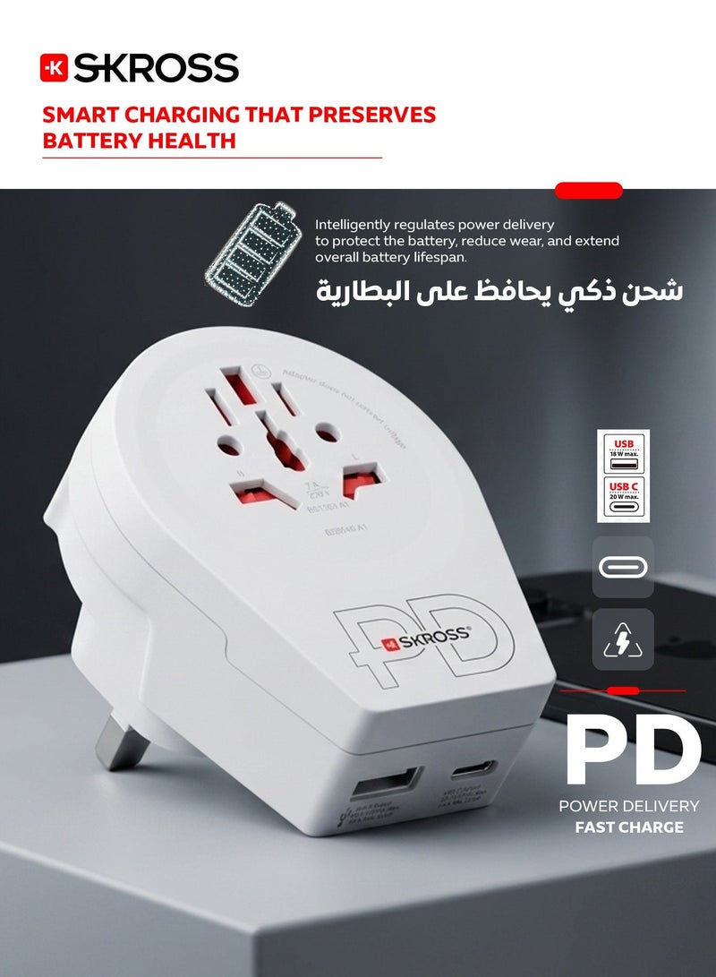 سكروس فيش سفر عالمي متعدد المداخل. محول كهرباء عالمي الى بريطاني ثلاثي. فيش جداري بمنفذين شحن (فيش تايب سي& شاحن يو اس بي). شاحن تايب سي اصلي يدعم الشحن السريع PD و QC. محول سفر  باعلى انظمة الحماية ضد الجهد الزائد والاحتراق. - Image 5