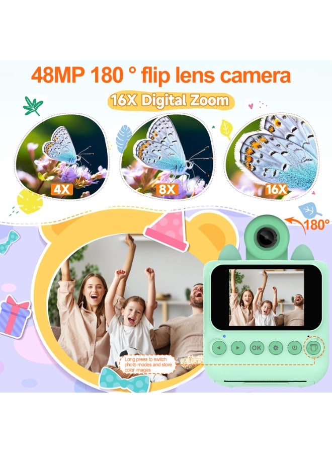 كاميرا الطباعة الفورية للأطفال ، 48MP 1080P فيديو 16X زوم رقمي ، 180 درجة عدسة قابلة للدوران مدمجة في فلاش والألعاب ، هدية لعبة الكاميرا الرقمية القابلة لإعادة الشحن المحمولة للفتيان البالغين من العمر 3-14 سنة - Image 4