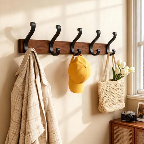 Jasopaco Solid Wood Wall Mounted Coat Rack, Heavy Duty 5 Hook Wooden Hanger with Metal Hooks for Hanging Hats, Coats, Towels, Backpack, Keys in Closet, Entryway, Bedroom, Bathroom, 2 Pack. - Image 4
