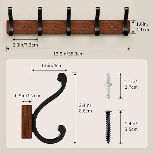 Jasopaco Solid Wood Wall Mounted Coat Rack, Heavy Duty 5 Hook Wooden Hanger with Metal Hooks for Hanging Hats, Coats, Towels, Backpack, Keys in Closet, Entryway, Bedroom, Bathroom, 2 Pack. - Image 5