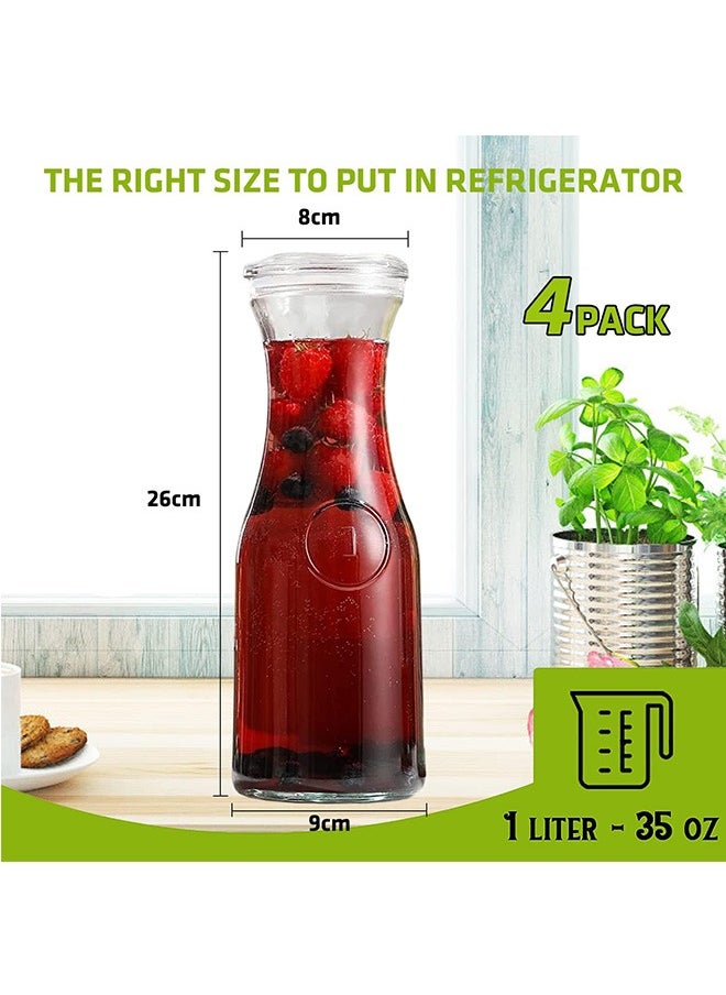 LENND Set of 4 Glass Carafe with Lids, 1 Liter Beverage Pitcher Carafe for Brunch, Cold Water, Juice, Milk, Iced Tea, Lemonade - 4 Wooden Chalkboard Tags Included  - Image 2